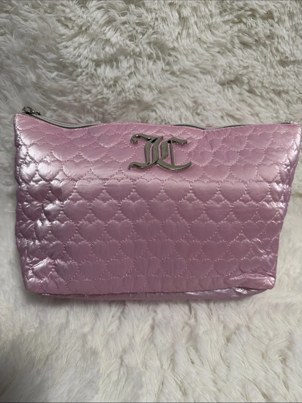 Juicy Couture Metallic Pink Quilted Cosmetic Bag with Logo